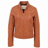 Womens Leather Casual Standing Collar Jacket Dynamo Tan