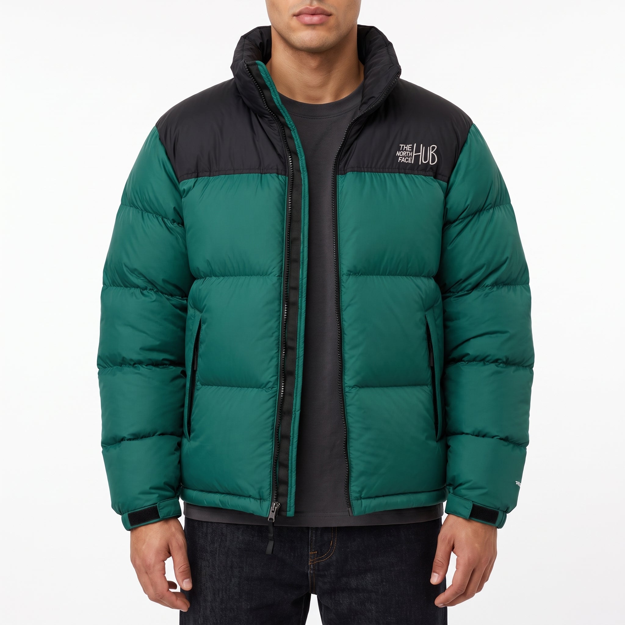 The North Face Hub Green Mens Puffer Jacket – Mens Insulated Winter Jacket / Nuptse Puffer Jacket 1996 Retro Coat