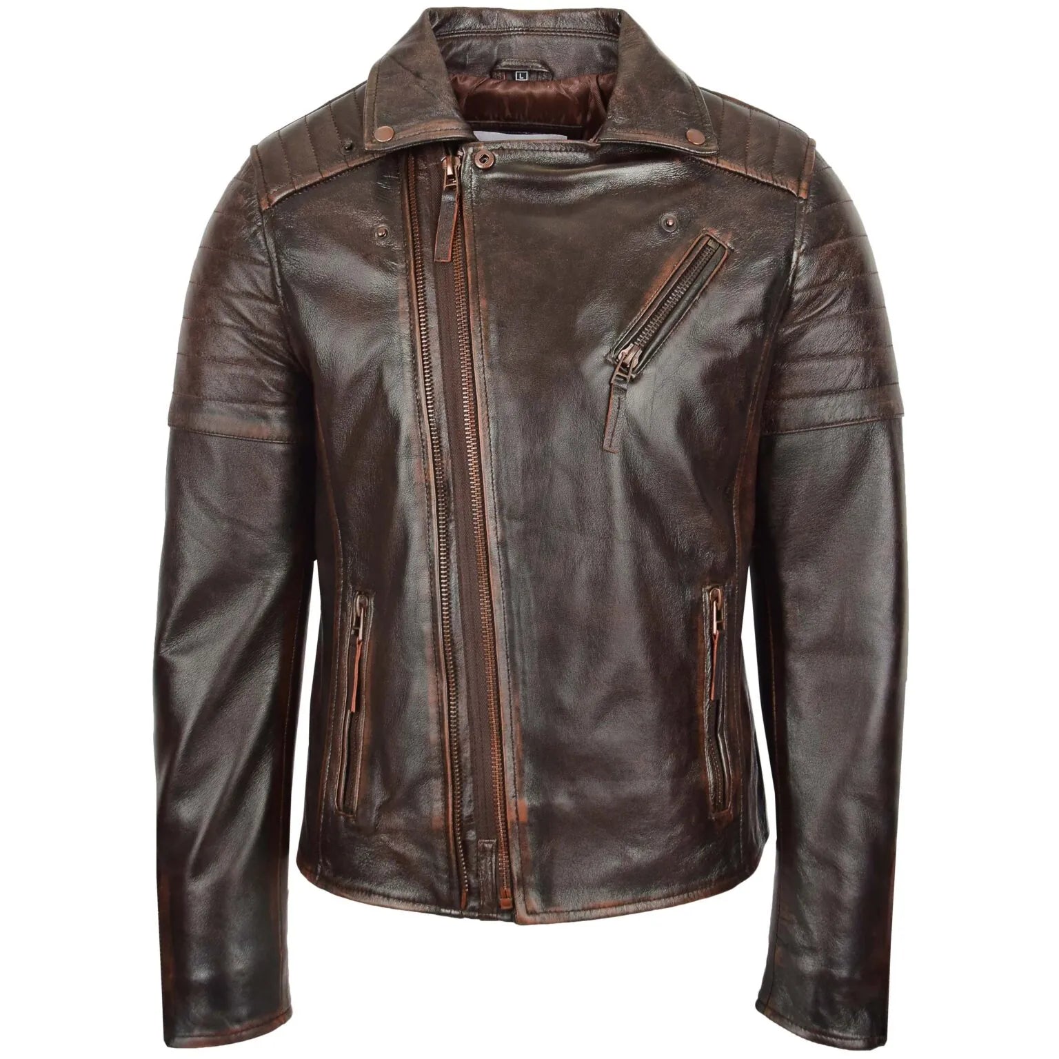 Mens Leather Cafe Racer Biker Jacket Ron Zenith Brown