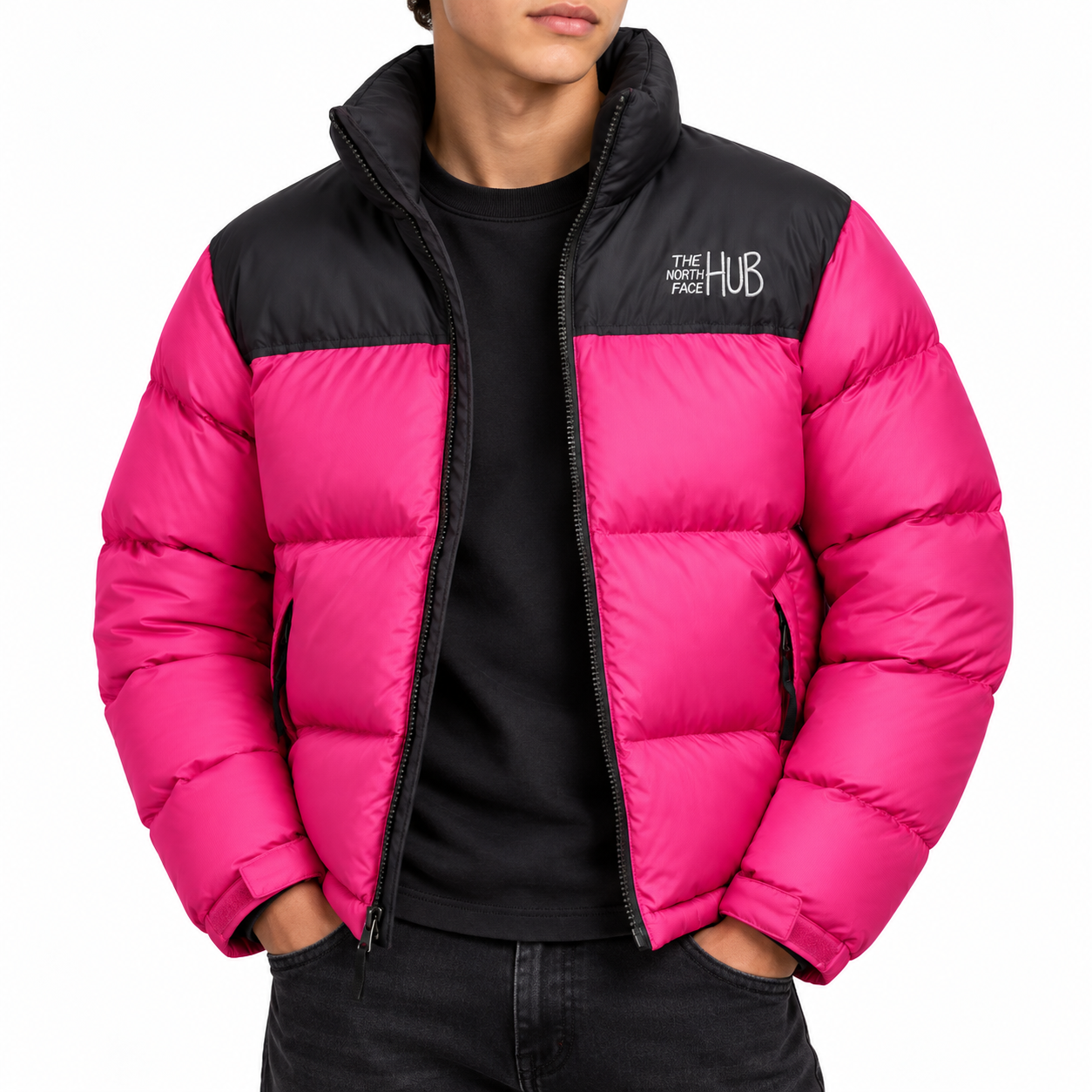 The North Face Hub Hot Pink & Black Mens Puffer Jacket – Mens Insulated Winter Jacket / Nuptse Puffer Jacket 1996 Retro Coat