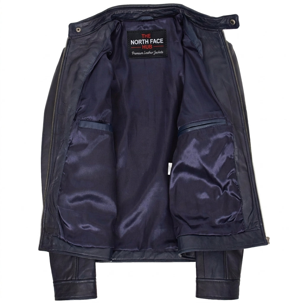 Mens Real Leather Biker Jacket Archie Luna Navy Blue