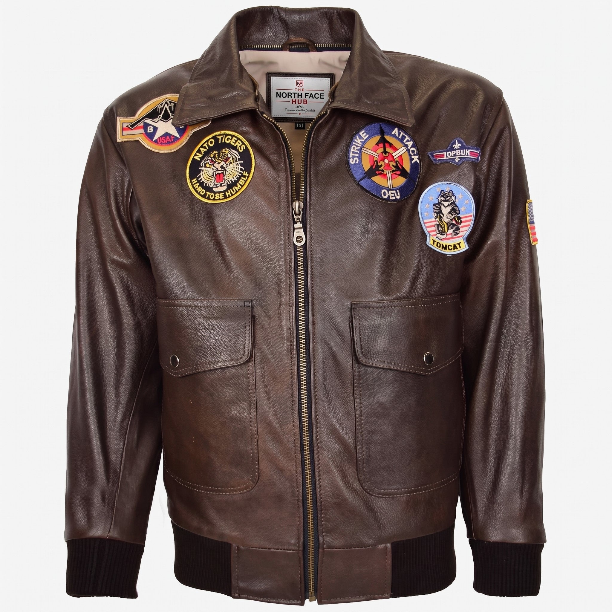Mens Bomber Leather Jacket Air Force Style Lester Zenith Brown
