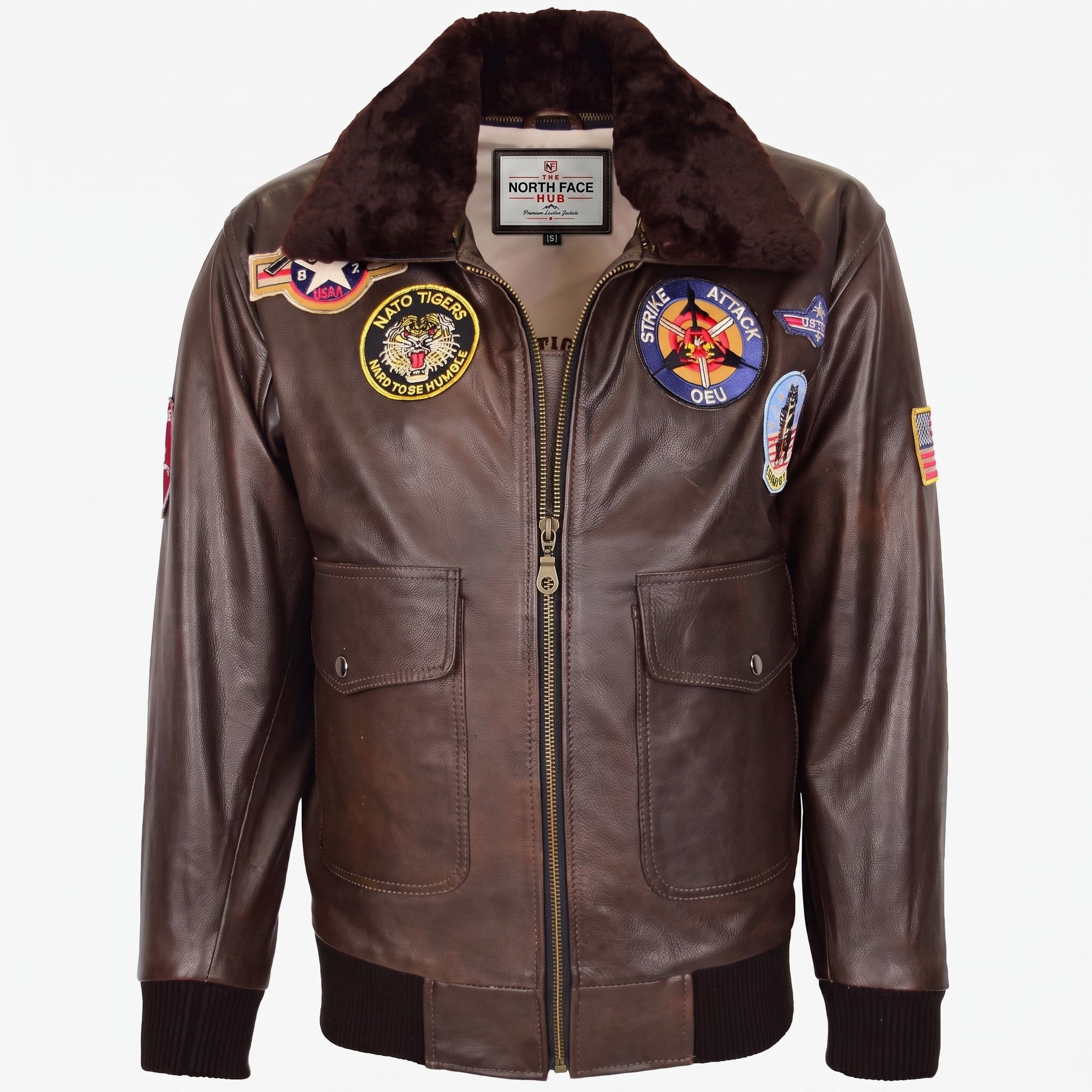 Mens Bomber Leather Jacket Air Force Style Lester Zenith Brown