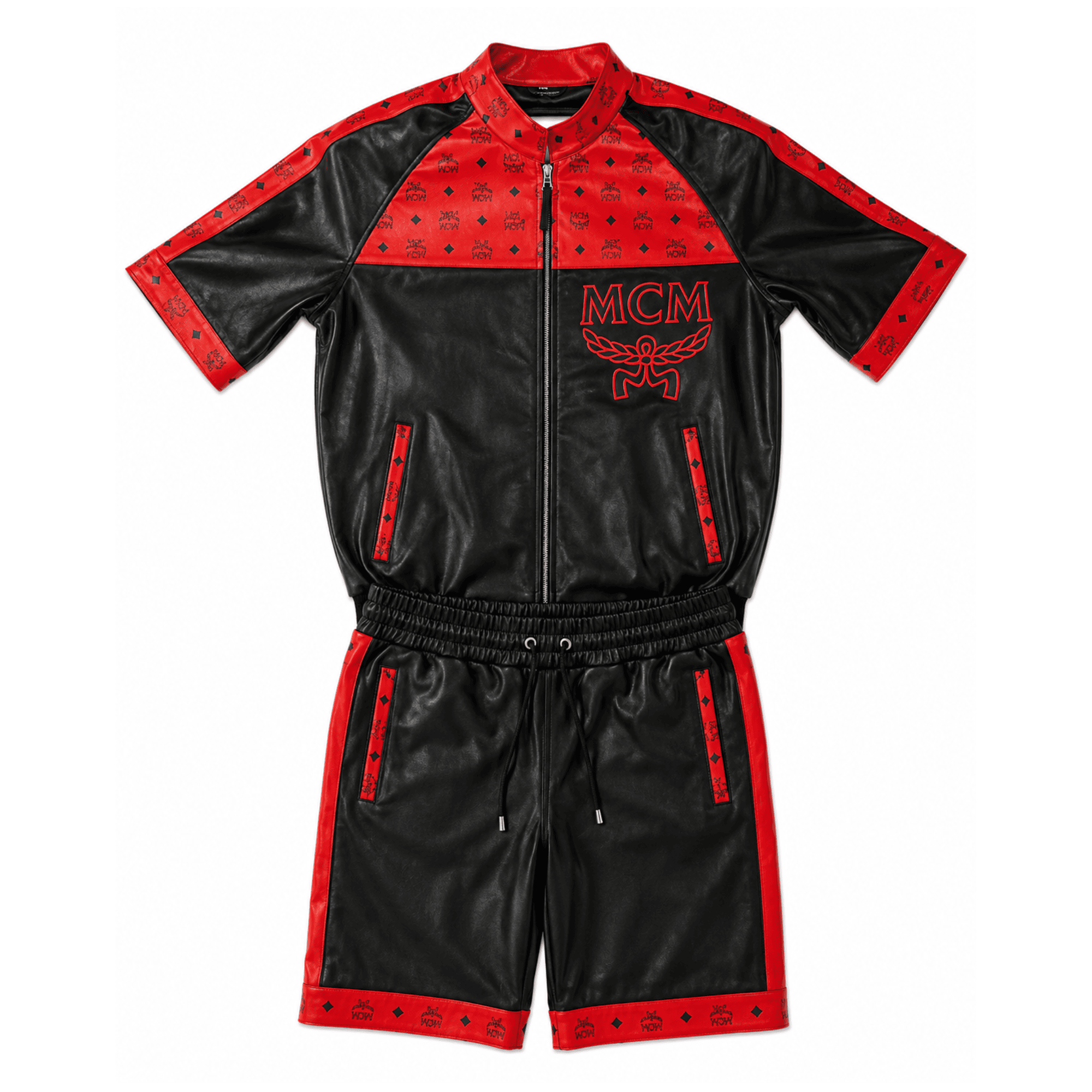 MCM Inspired Black Red Tracksuit Leather Jacket and Shorts Set