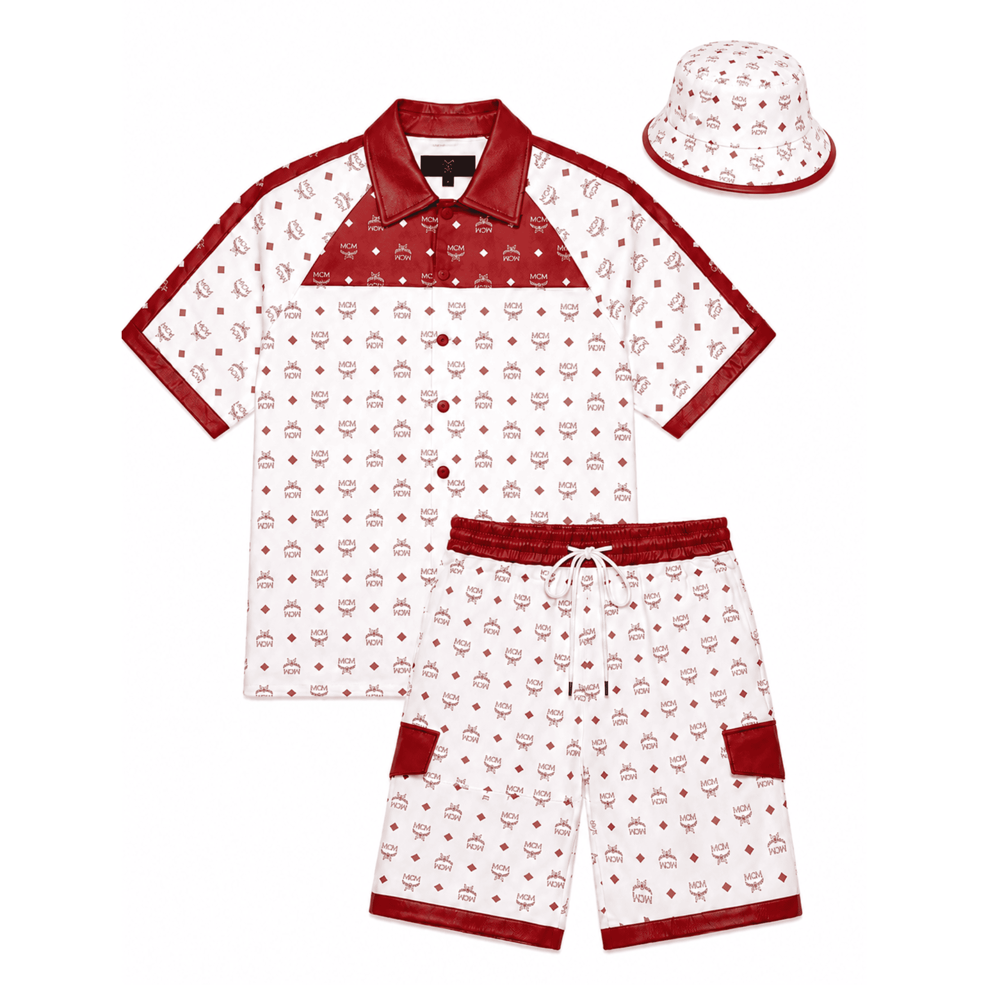 MCM Men’s Red White Monogram Tracksuit Leather T-shirt and Short with Hat