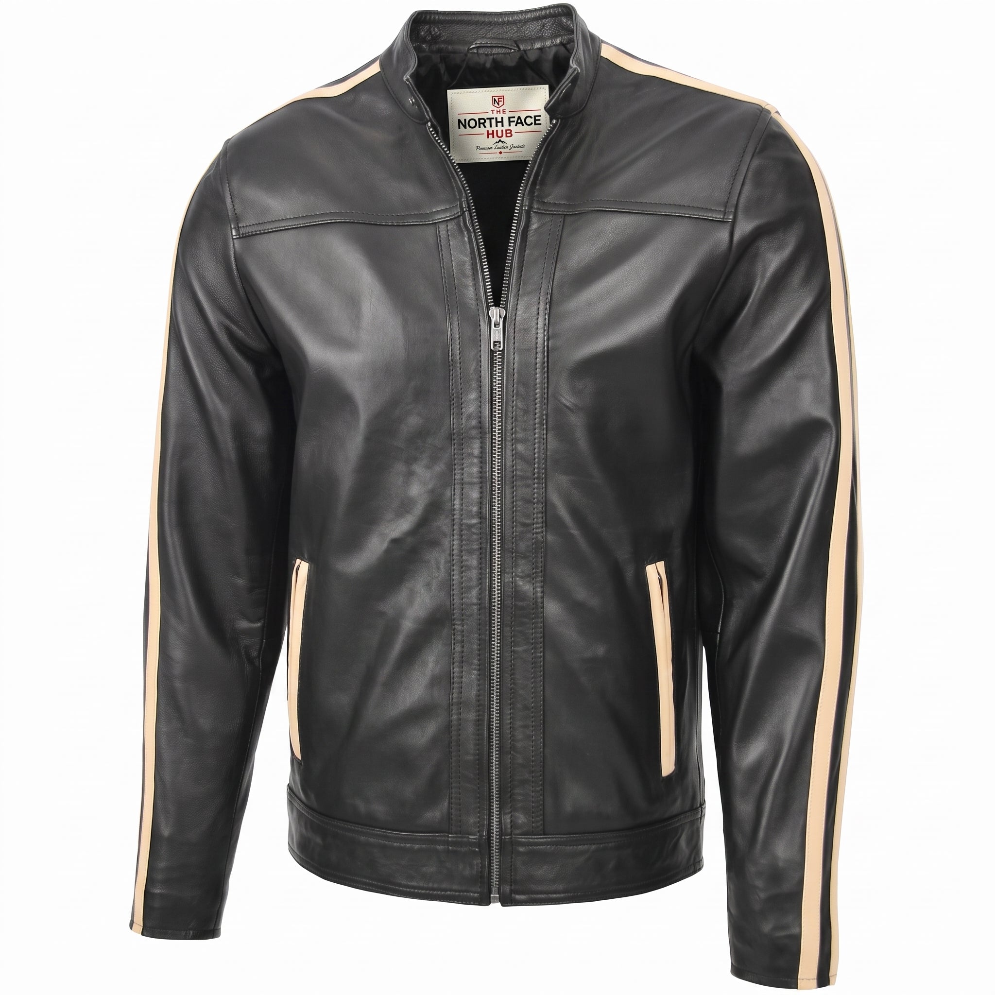 Mens Leather Biker Jacket with Racing Stripes Clyde Black