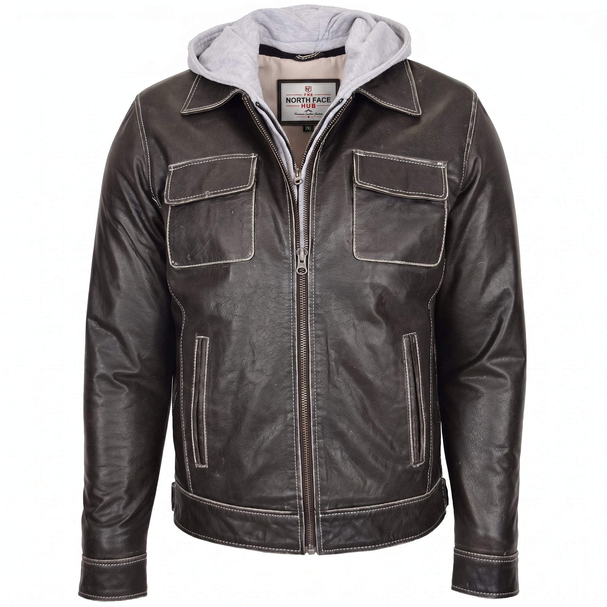 Mens Leather Detachable Hoodie Work Jacket Azure Grey