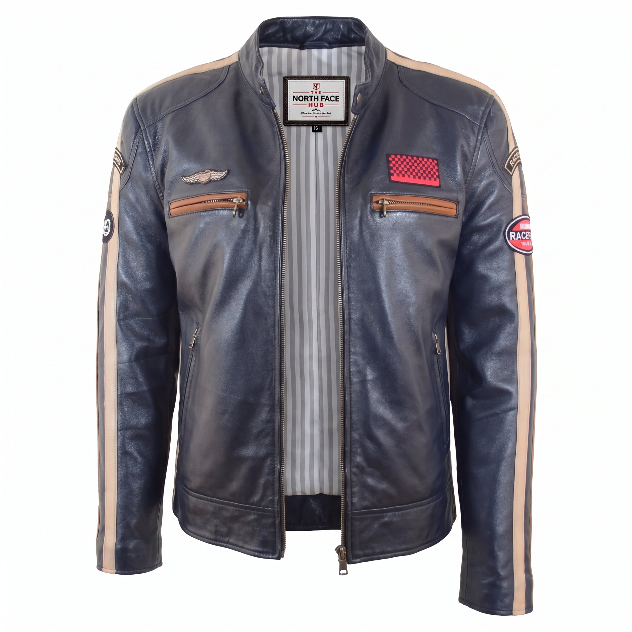 Mens Real Leather Biker Jacket Cafe Racer Style Badges TRON Luna Navy