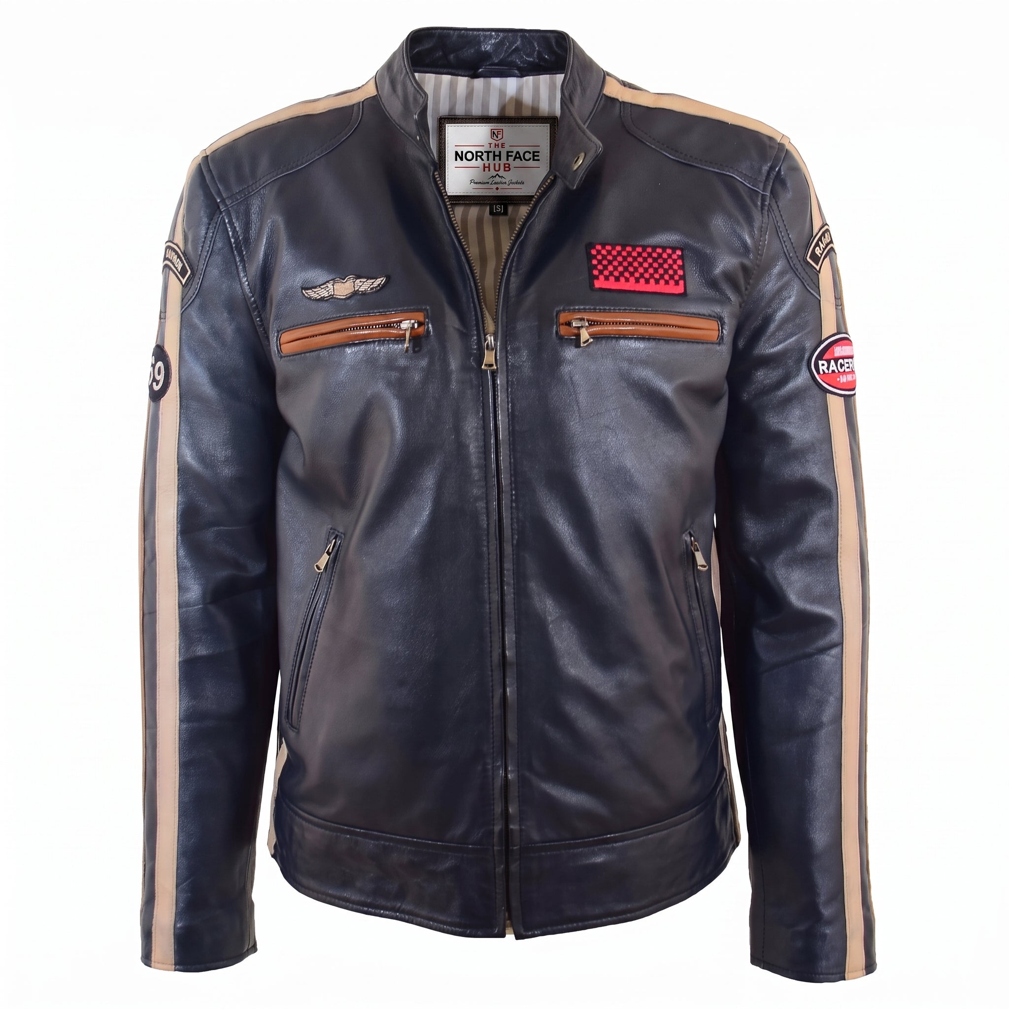 Mens Real Leather Biker Jacket Cafe Racer Style Badges TRON Luna Navy