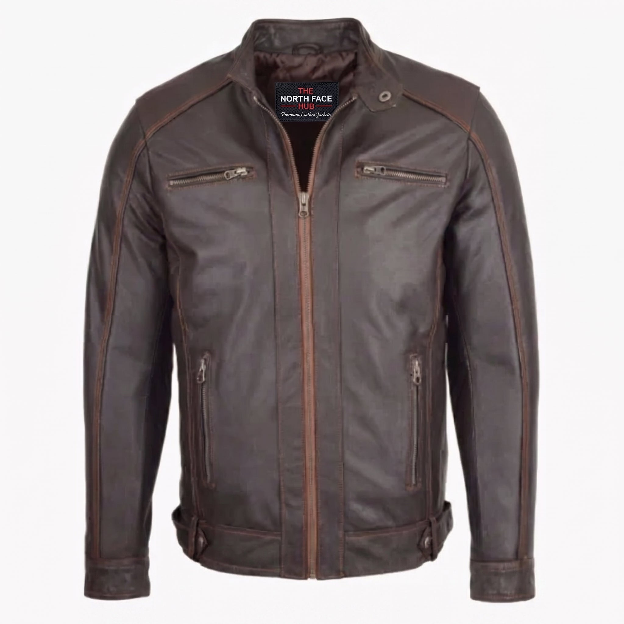 Mens Classic Leather Biker Style Zip Jacket Ethan Brown