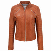 Womens Leather Classic Biker Style Jacket Dynamo Tan