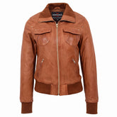 Womens Leather Classic Bomber Jacket Motto Dynamo Tan