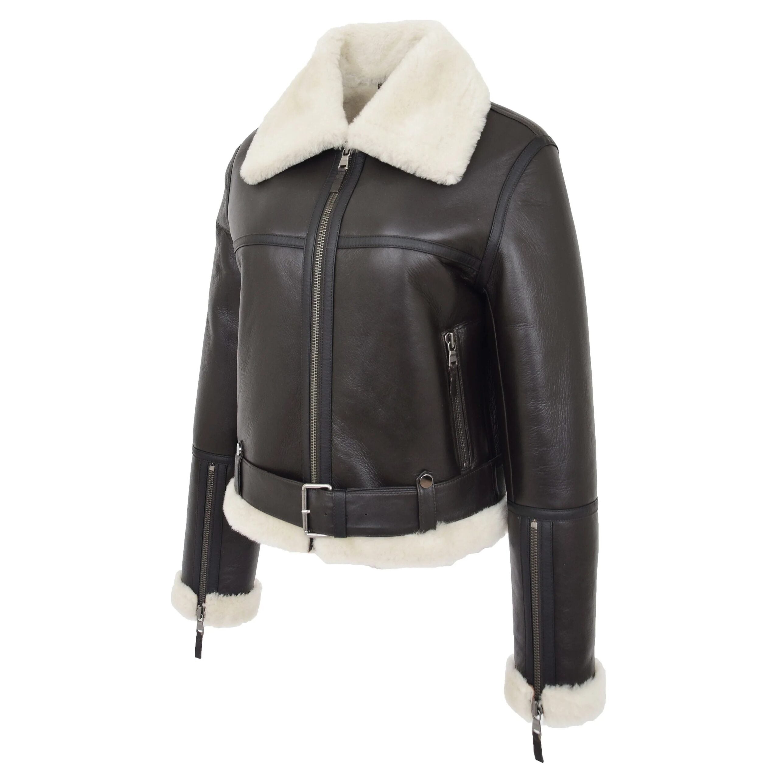 Womens Sheepskin Aviator RAF Pilot Jacket Zenith Brown White