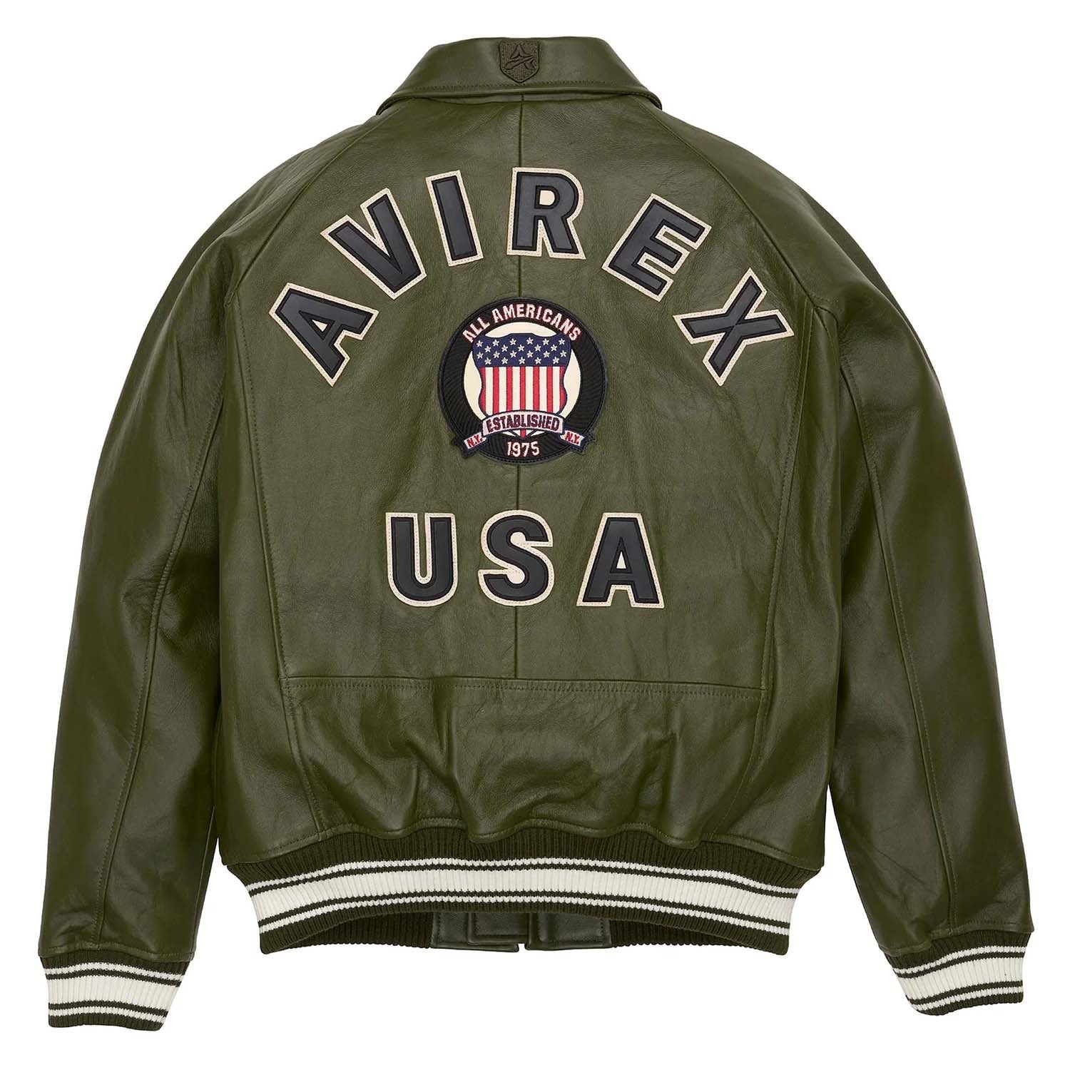 Best Seller Men’s Iconic Avirex Leather Jacket Olive Green Leather Bomber Jacket Aviator Style