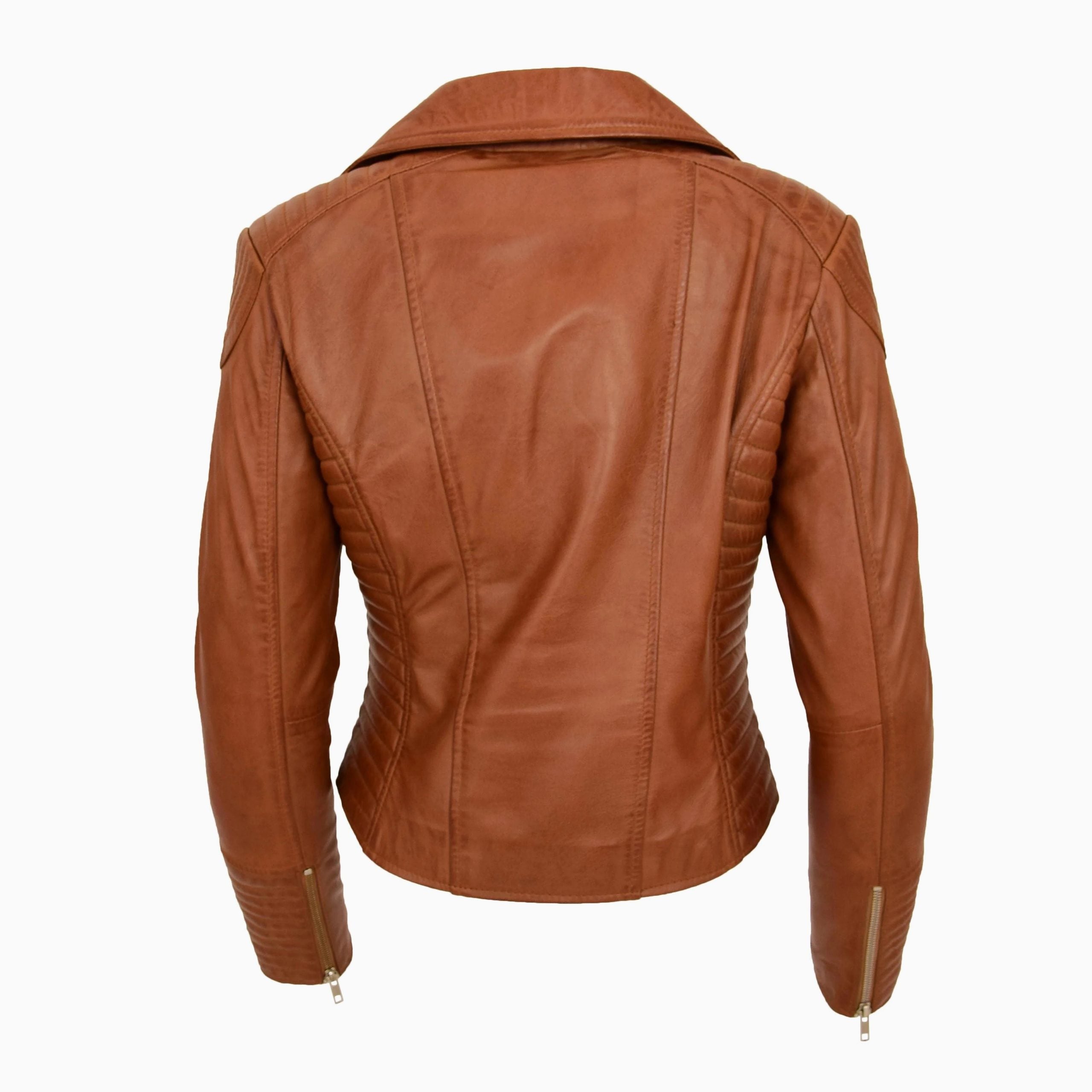 Womens Soft Leather Cross Zip Biker Jacket Anna Dynamo Tan