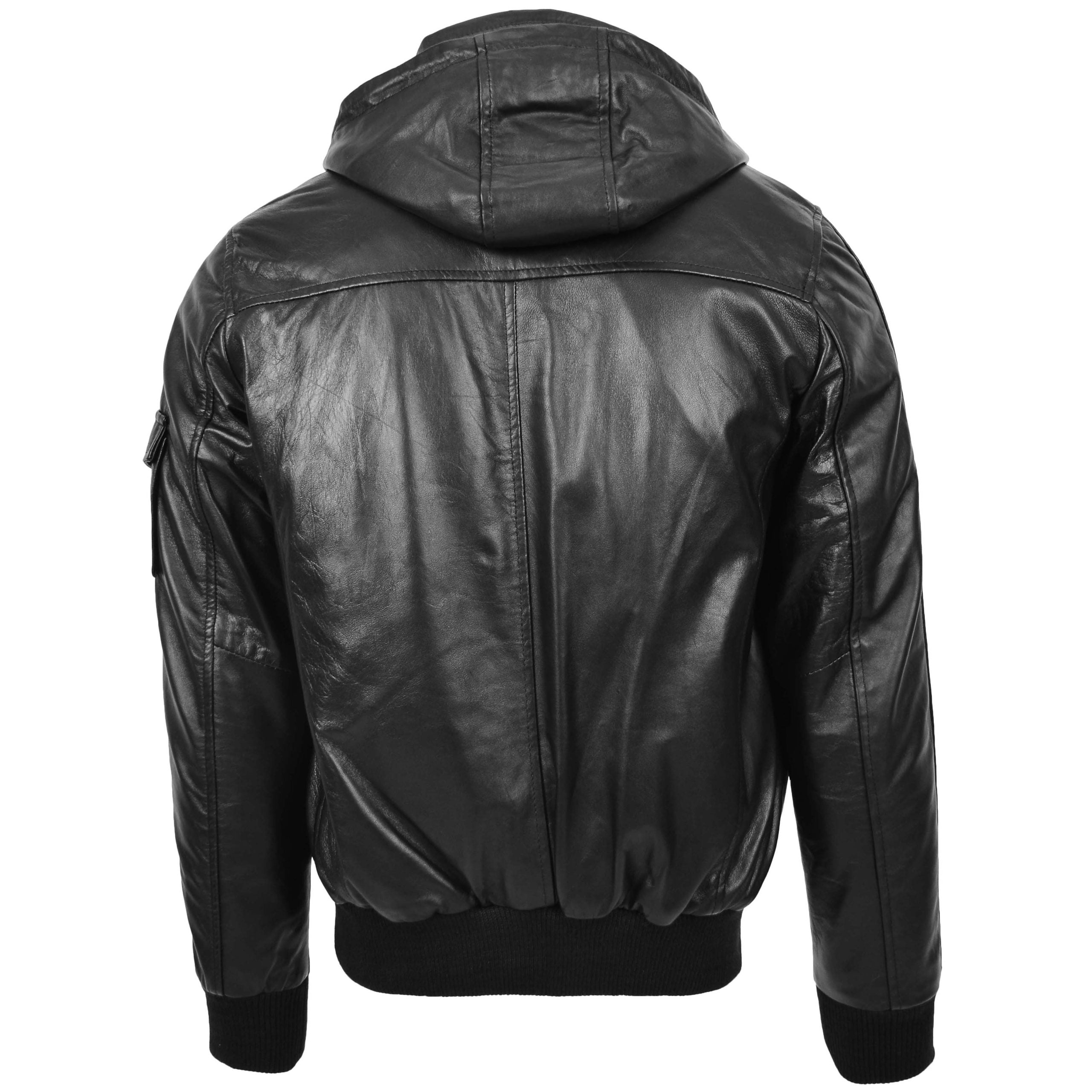 Mens Leather Bomber Jacket with Hoodie Bronx Nova Black