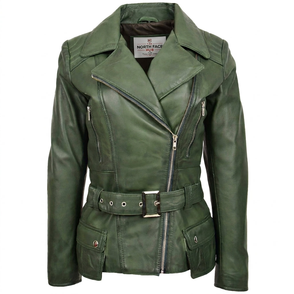 Womens Leather Hip Length Biker Jacket Celia Aurora Green