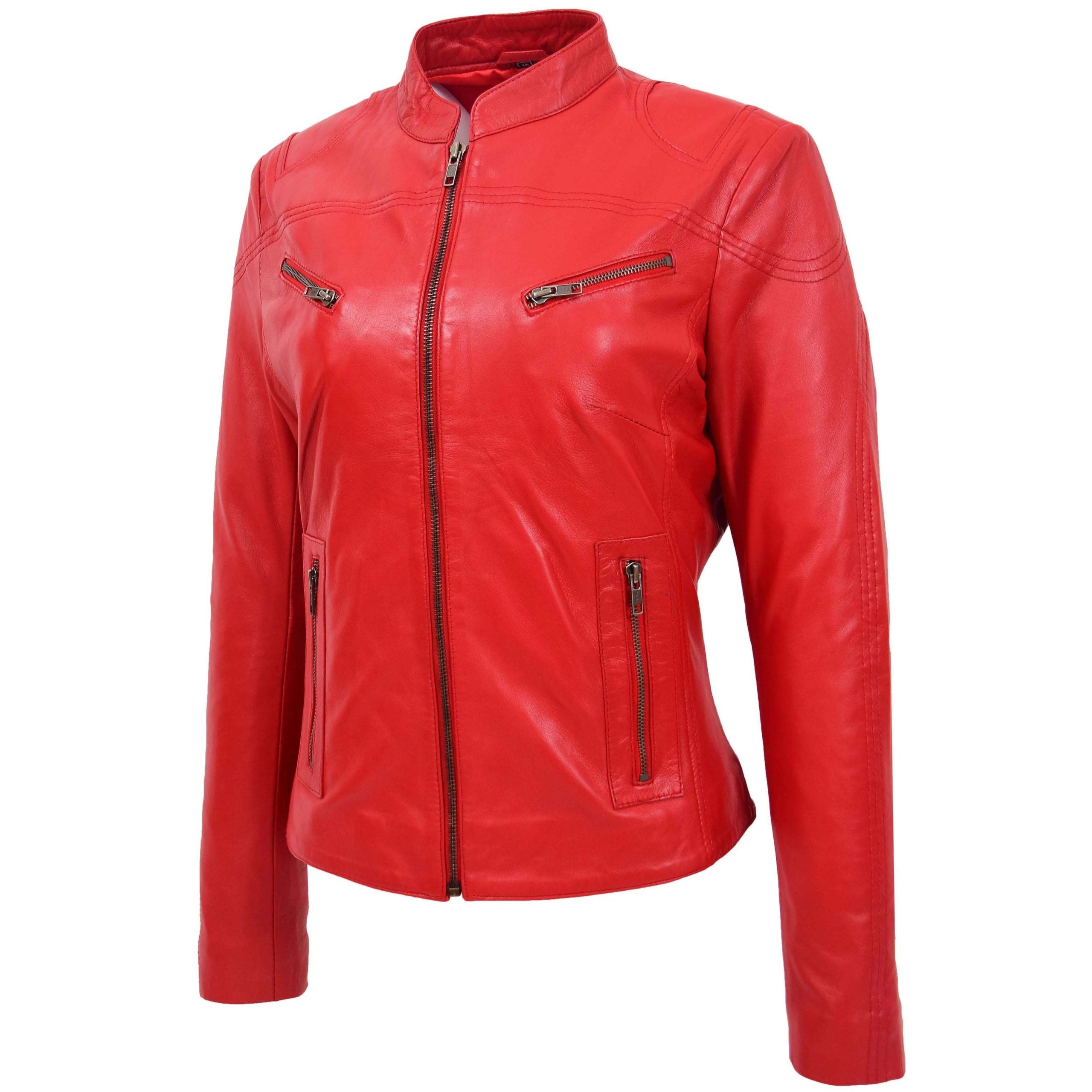 Womens Leather Standing Collar Jacket Becky Ignite Candy Red