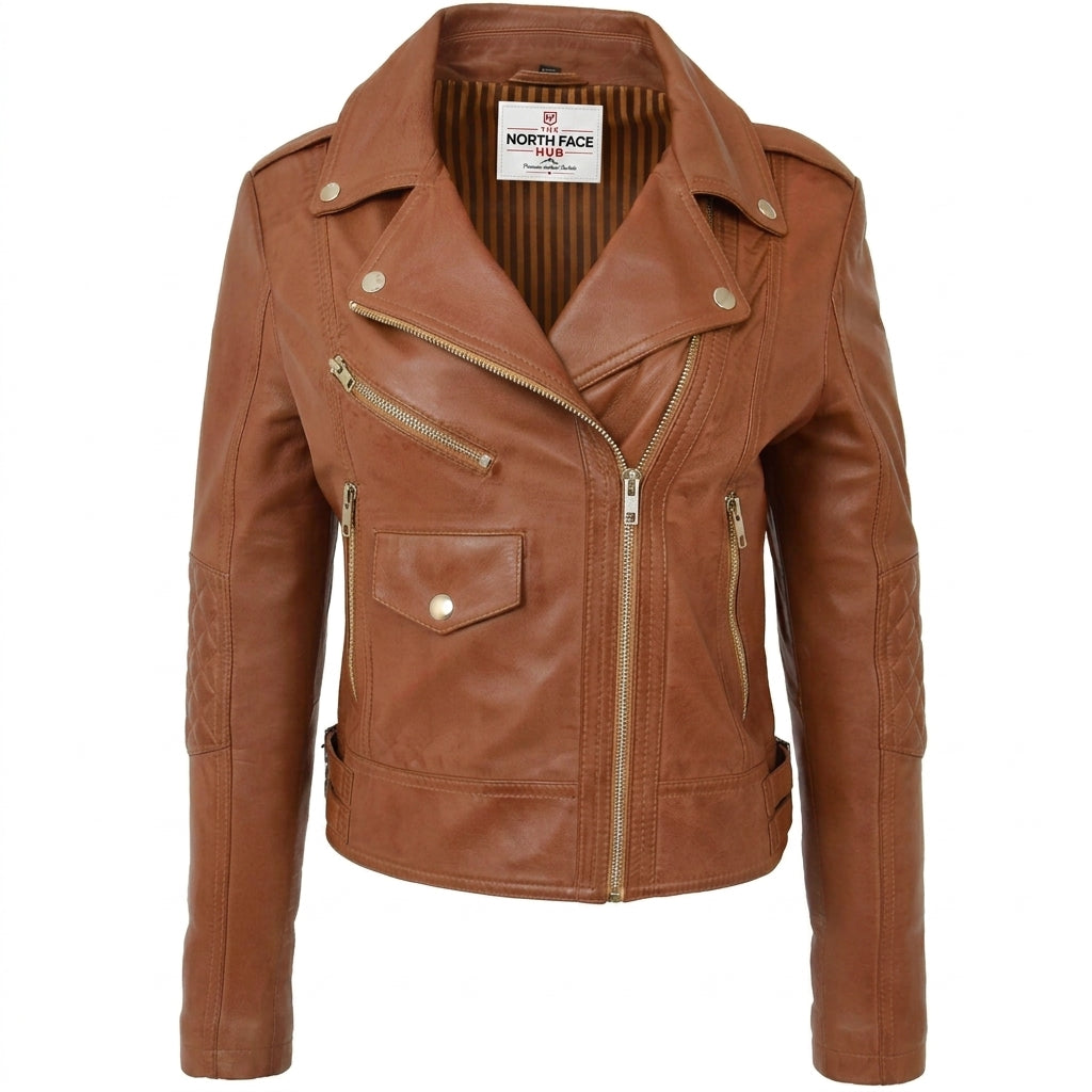 Womens Real Leather Biker Cross Zip Fashion Jacket Remi Dynamo Tan