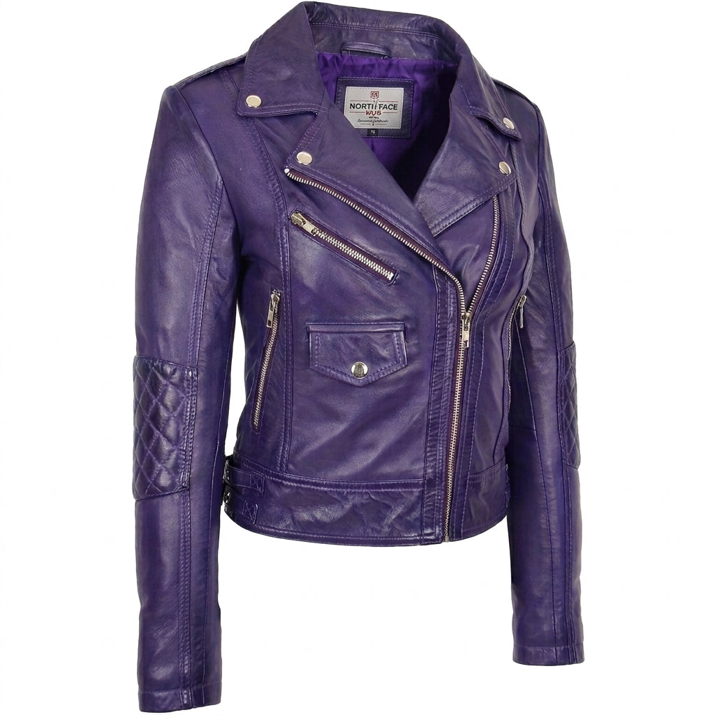 Womens Real Leather Biker Cross Zip Fashion Jacket Remi Whisper Purple
