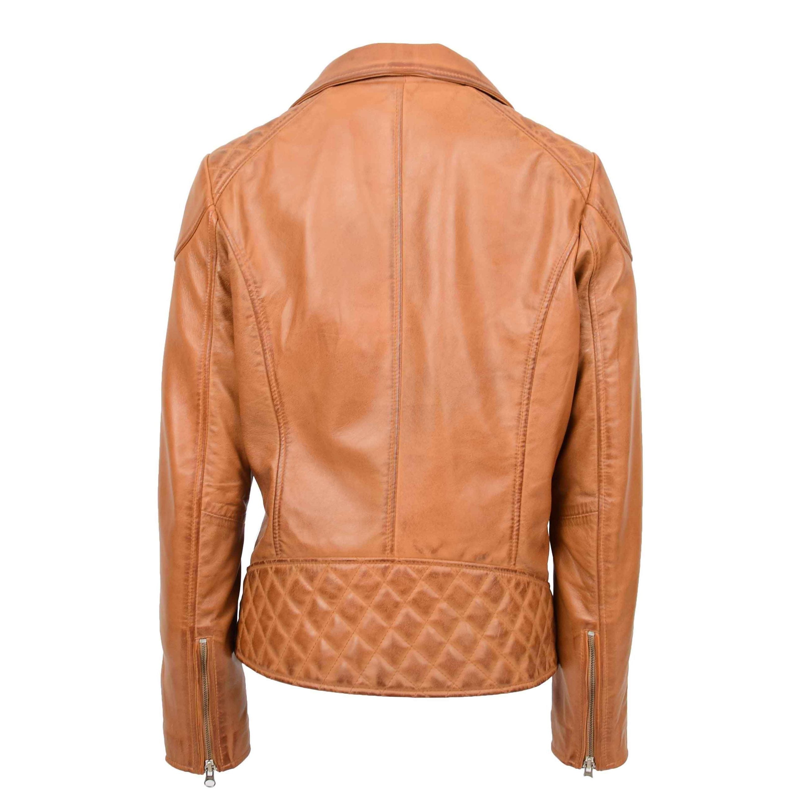 Womens Real Leather Biker Jacket Cross Zip Pockets Cherry Dynamo Tan