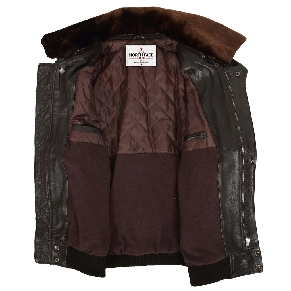 Mens Leather Bomber Pilot Jacket Removable Collar Leroy Zenith Brown