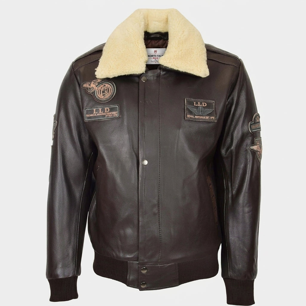 Mens Leather Jacket with Detachable Collar Pilot-N Zenith Brown