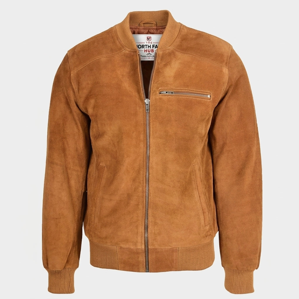 Mens Suede Bomber Varsity Jacket Reg Dynamo Tan