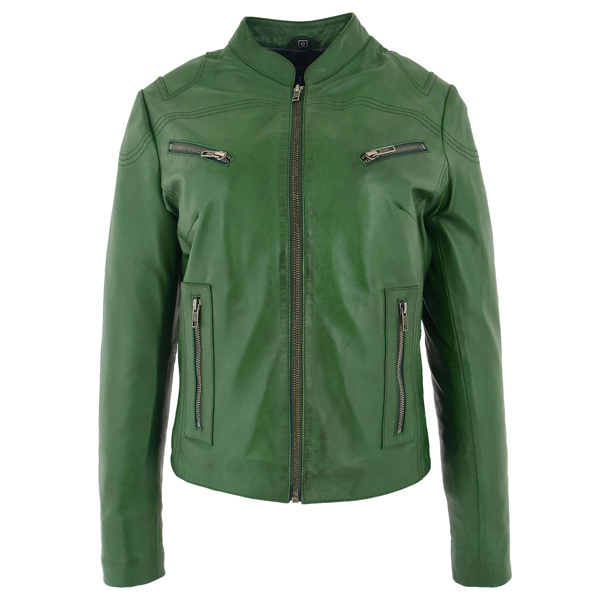 Womens Leather Standing Collar Jacket Becky Aurora Green
