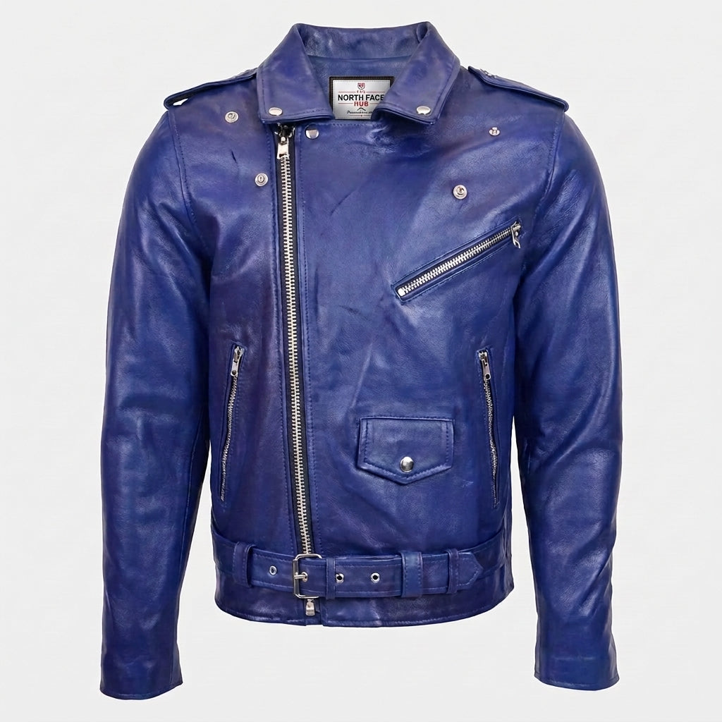 Mens Heavy Duty Leather Biker Brando Jacket Radiant Blue