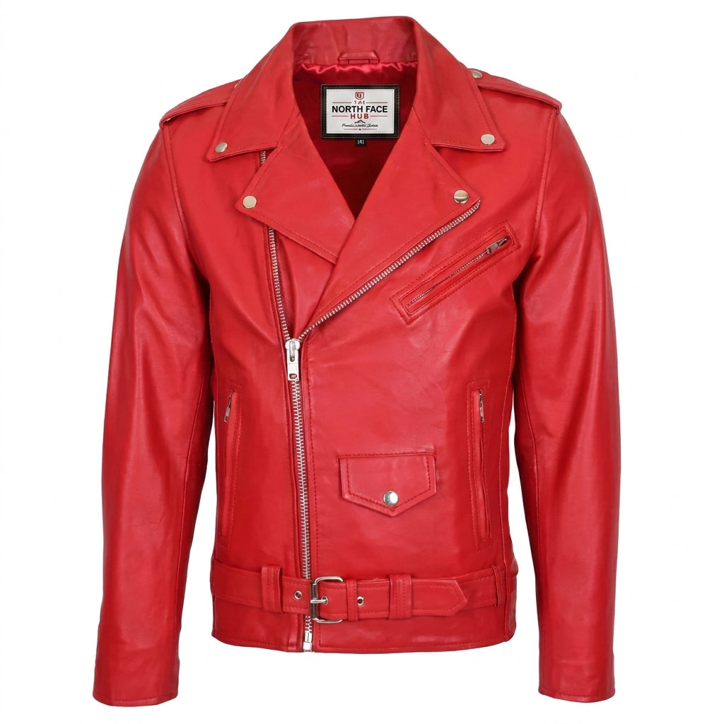 Mens Leather Biker Jacket Brando Style Johnny Dynamo Ignite Red