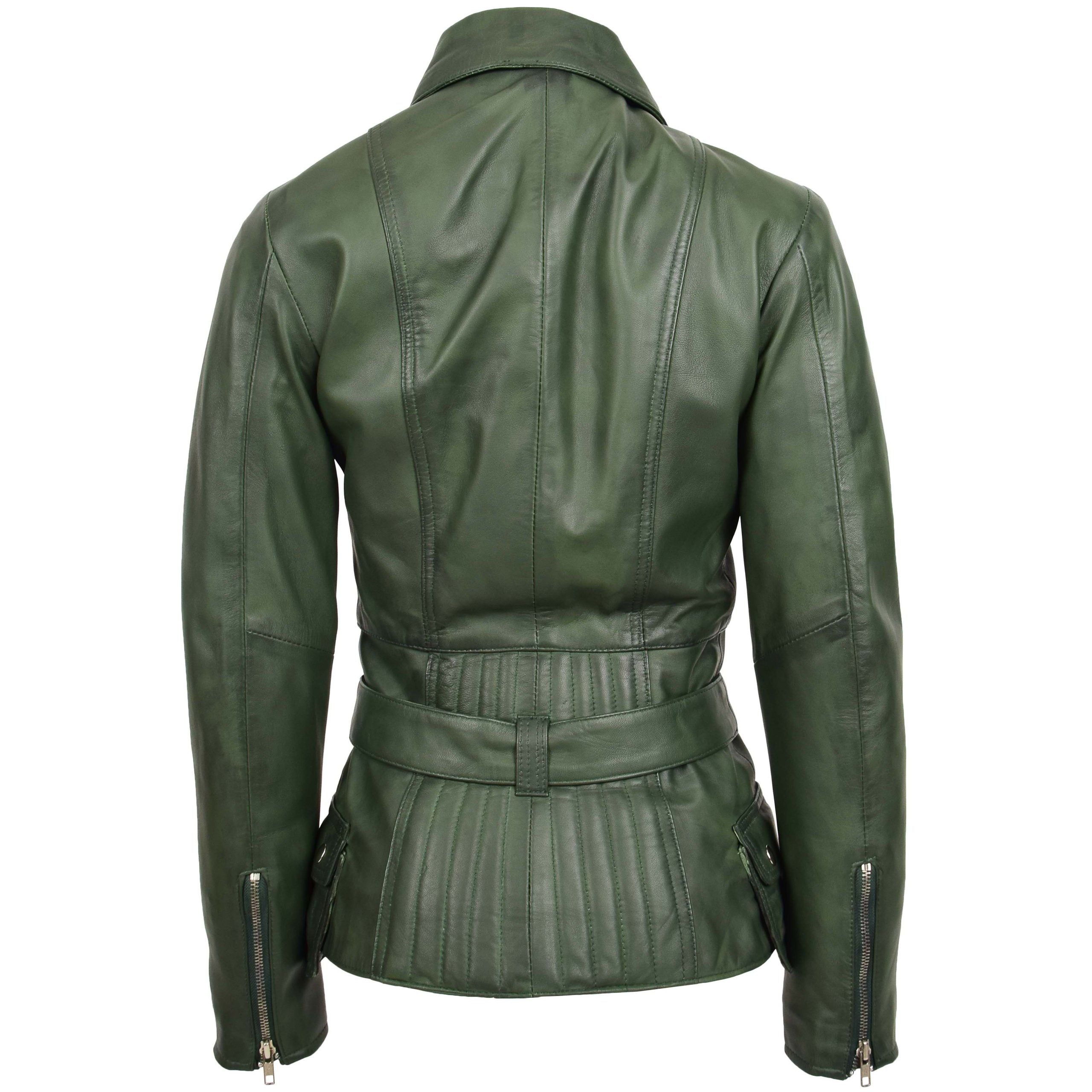 Womens Leather Hip Length Biker Jacket Celia Aurora Green