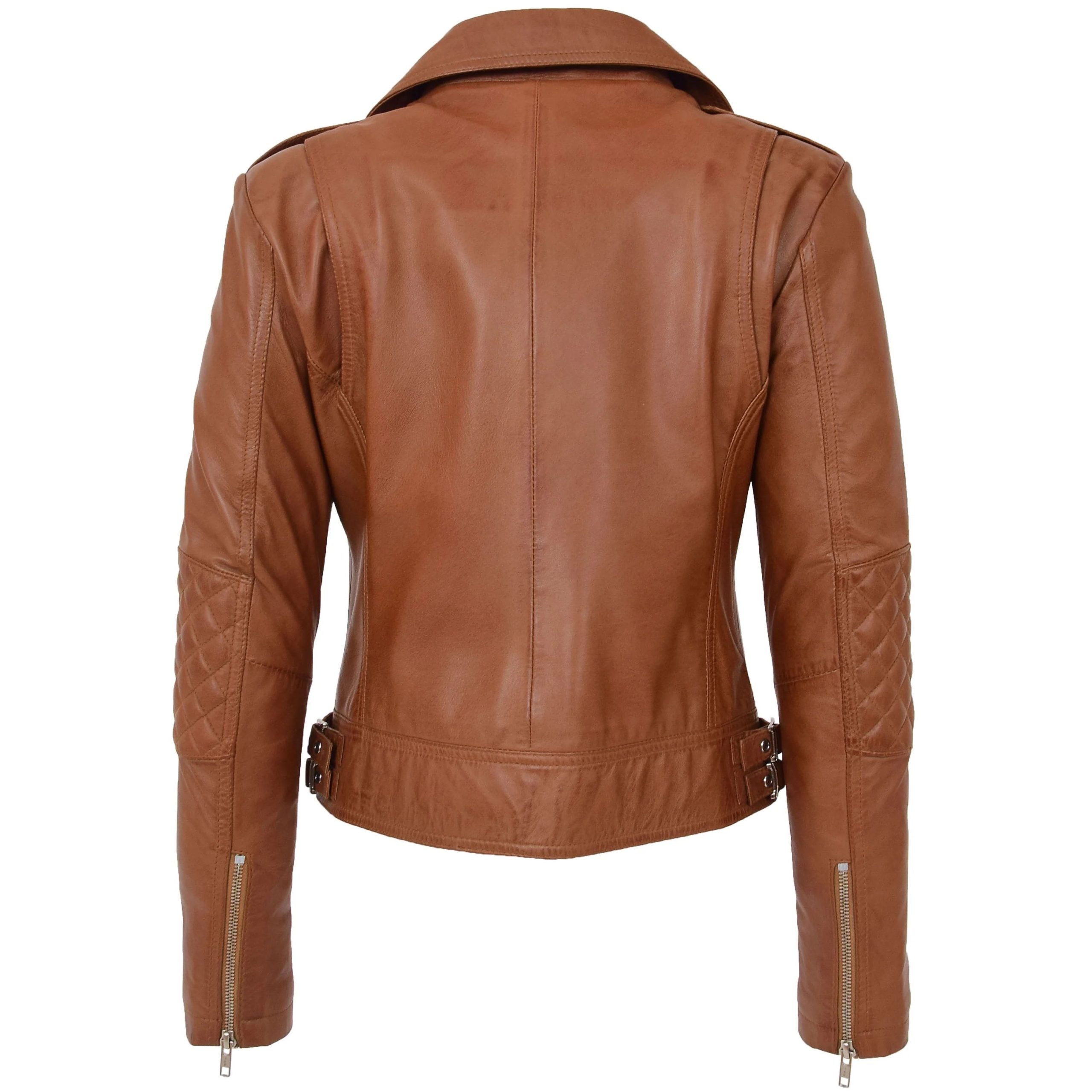 Womens Real Leather Biker Cross Zip Fashion Jacket Remi Dynamo Tan