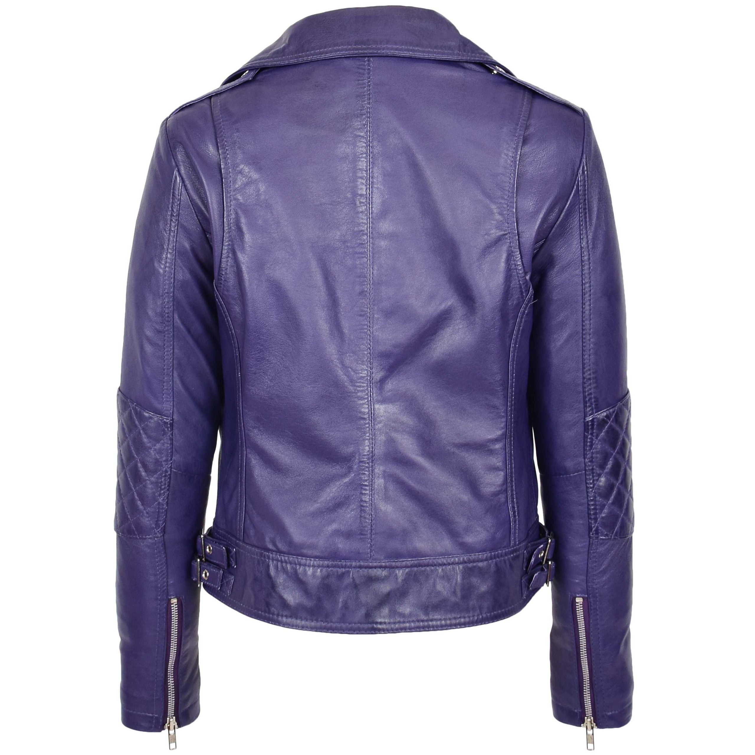 Womens Real Leather Biker Cross Zip Fashion Jacket Remi Whisper Purple