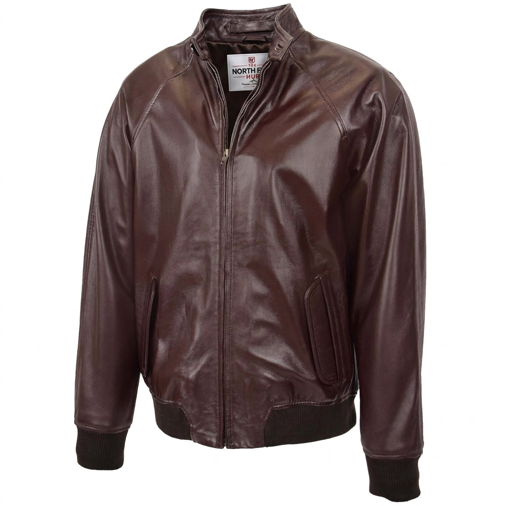 Mens Real Leather Bomber Jacket Raglan Shoulder Francis Zenith Brown