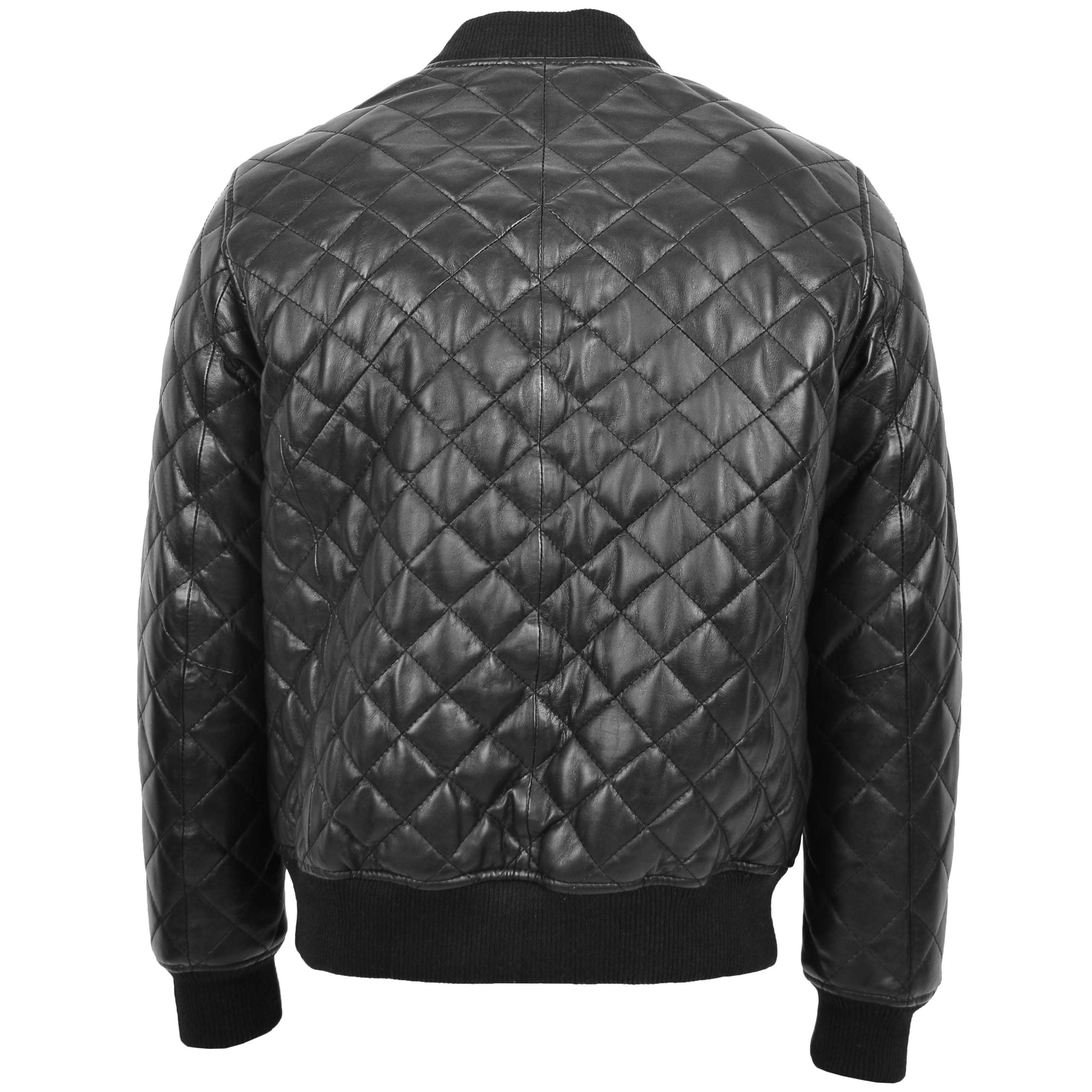 Mens Leather Quilted Bomber Jacket Warren Nova Black