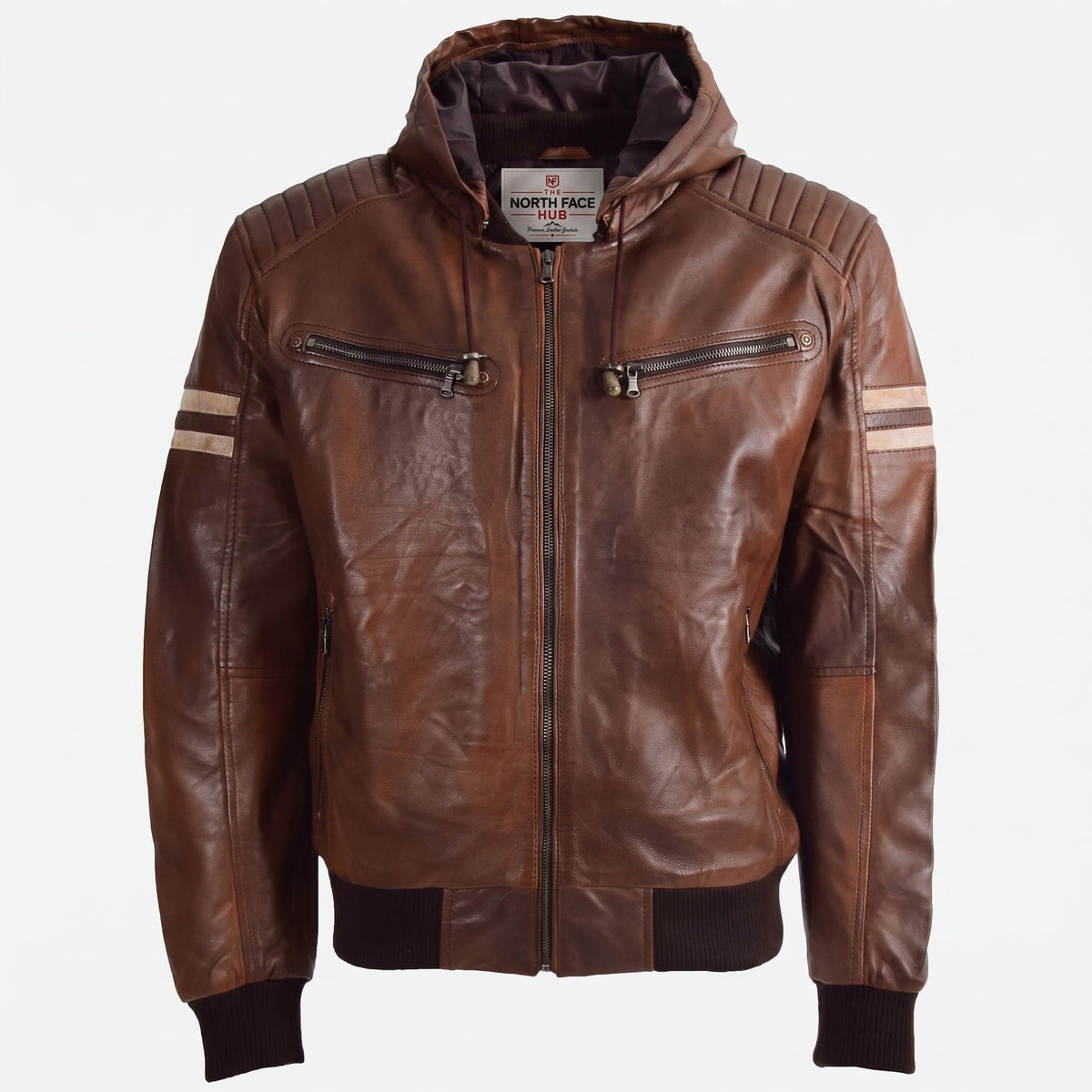 Mens Real Leather Bomber Zip up Detachable Hoodie Jacket Dallas Clestial Cognac