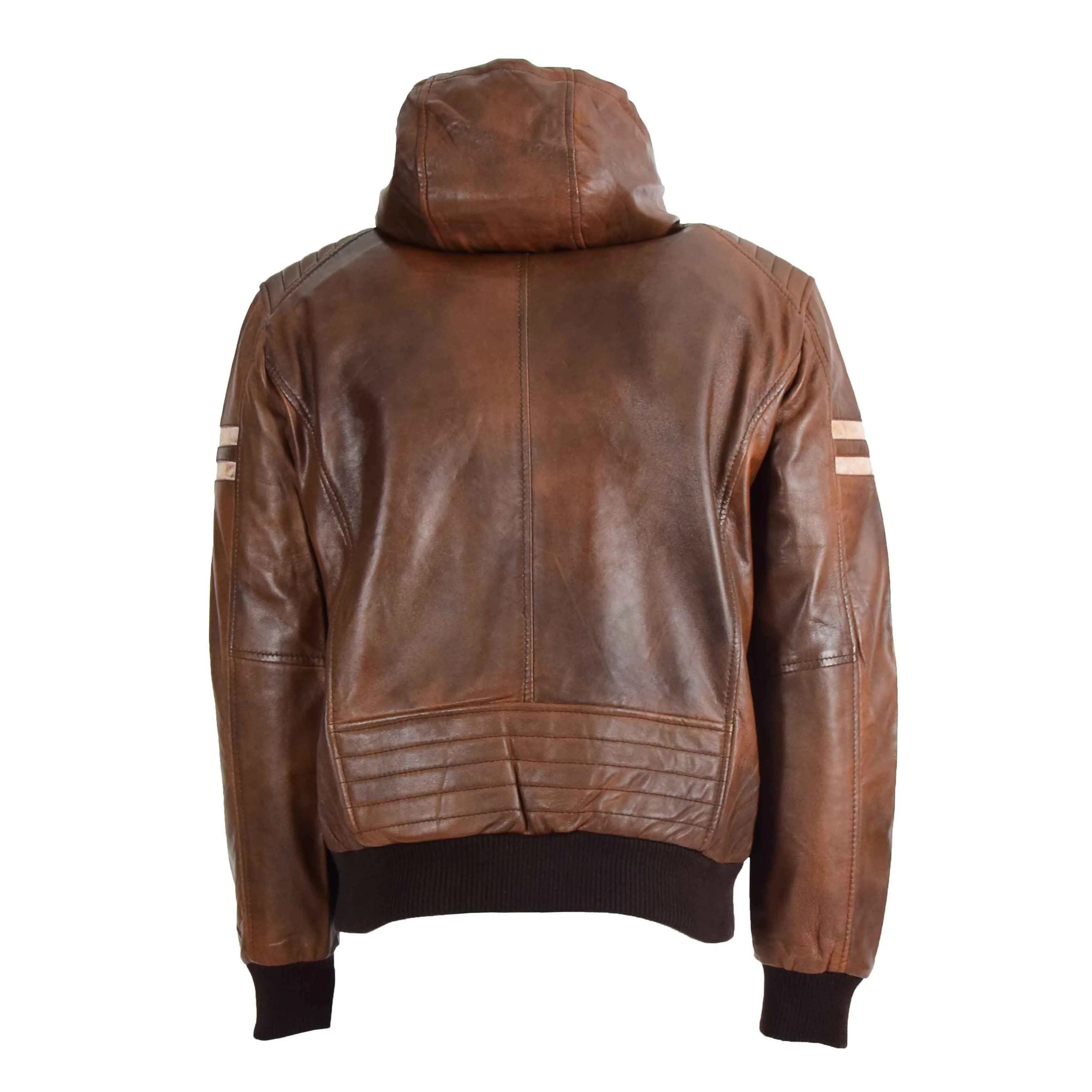 Mens Real Leather Bomber Zip up Detachable Hoodie Jacket Dallas Clestial Cognac