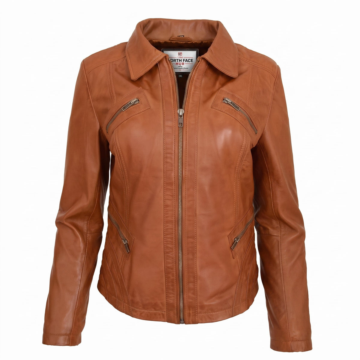 Womens Classic Leather Biker Zip Box Jacket Dynamo Tan