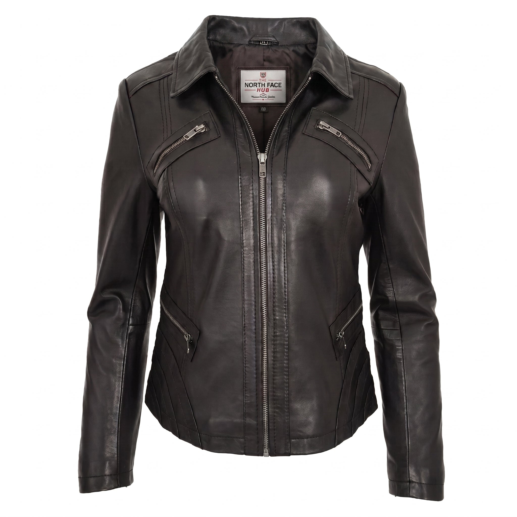 Womens Classic Leather Biker Zip Box Jacket Nova Black