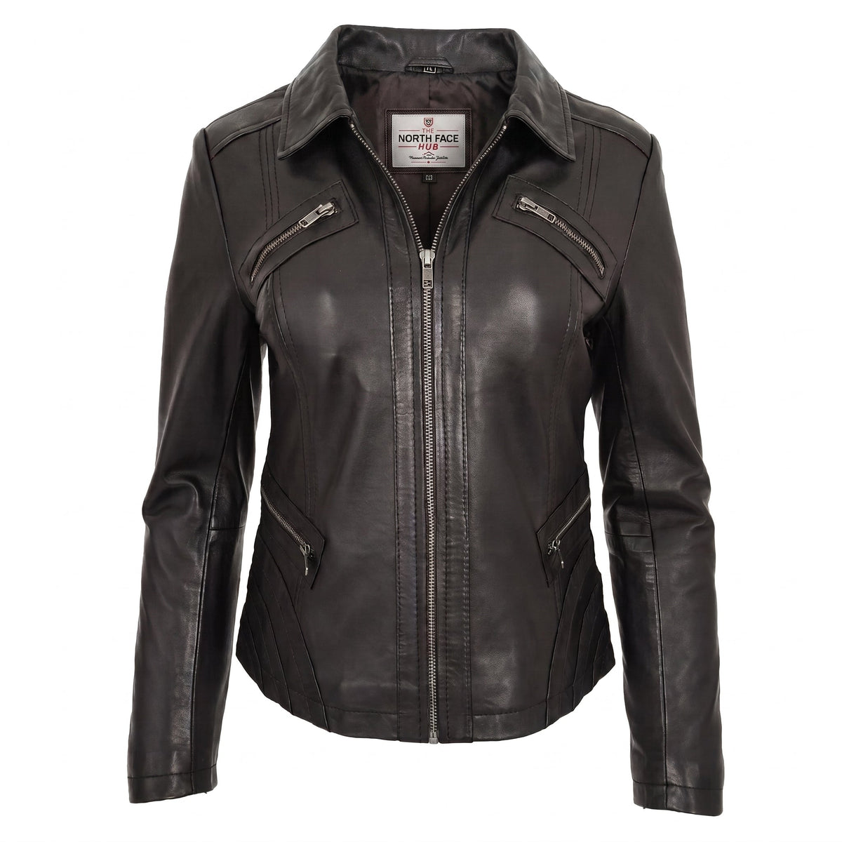Womens Classic Leather Biker Zip Box Jacket Nova Black