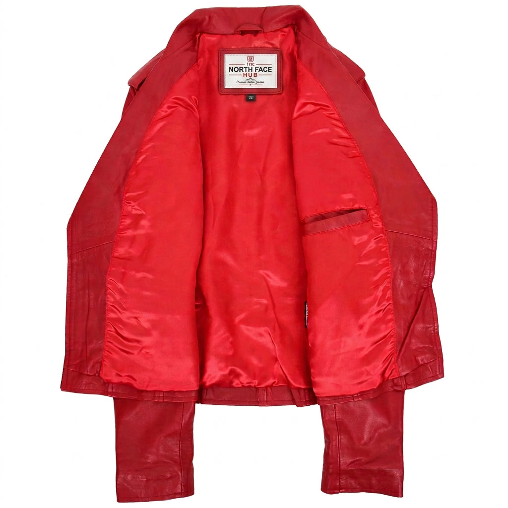 Womens Cross Zip Biker Leather Jacket Cara Ignite Red