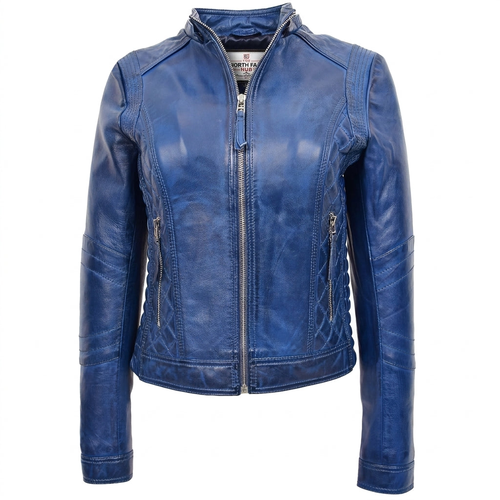 Womens Detachable Hoodie Biker Leather Jacket Lily Radiant Blue