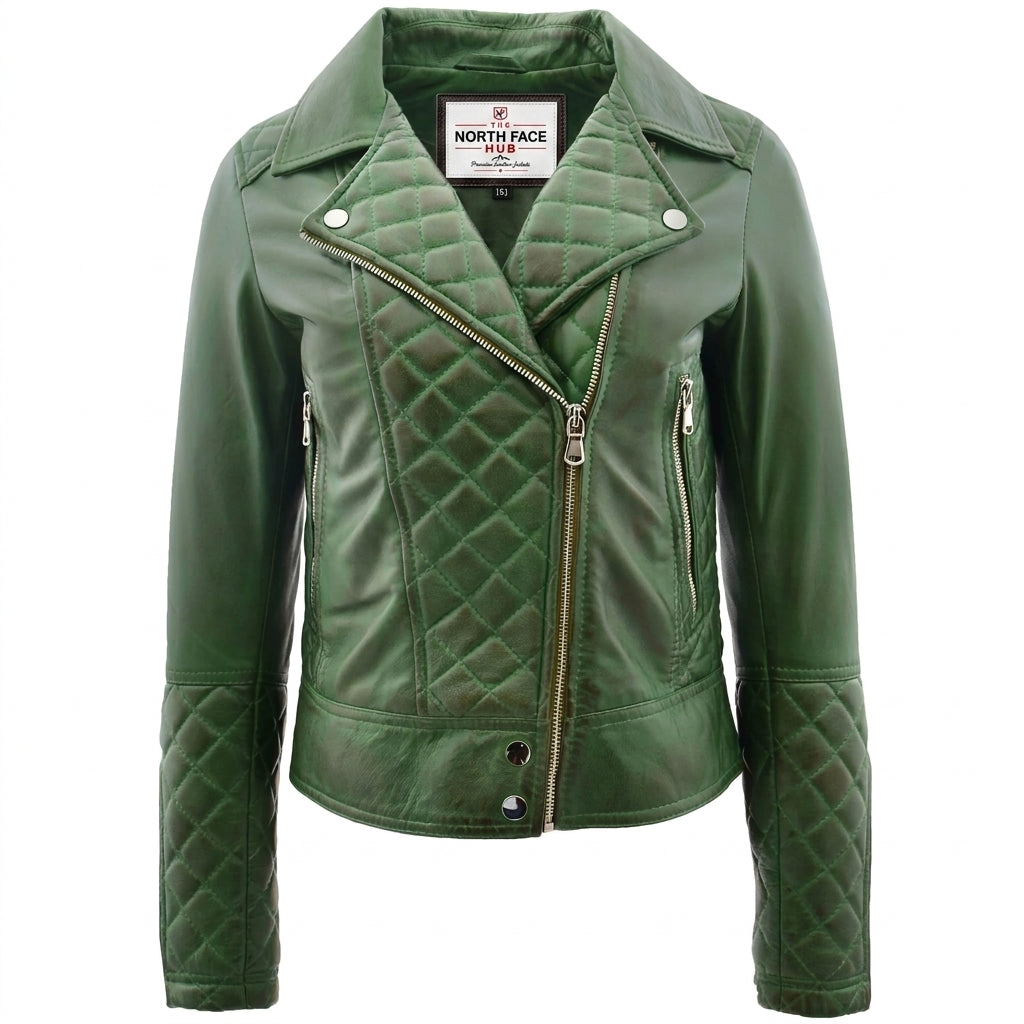 Womens Leather Biker Jacket with Quilt Detail Aurora Green