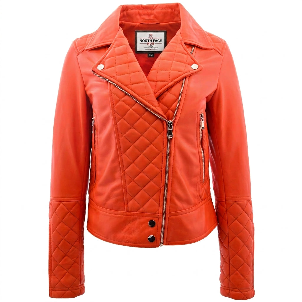Womens Leather Biker Jacket with Quilt Detail Blissful Orange