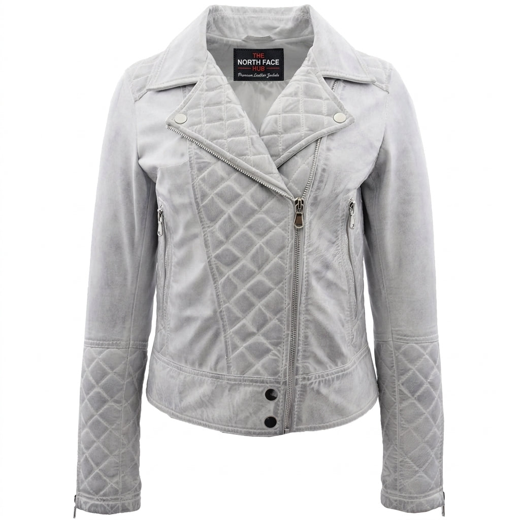 Womens Leather Biker Jacket with Quilt Detail Vintage Astral White