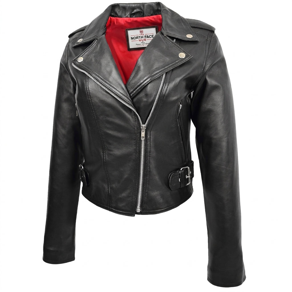 Womens Leather Biker Style Emma Cross Zip Jacket Nova Black