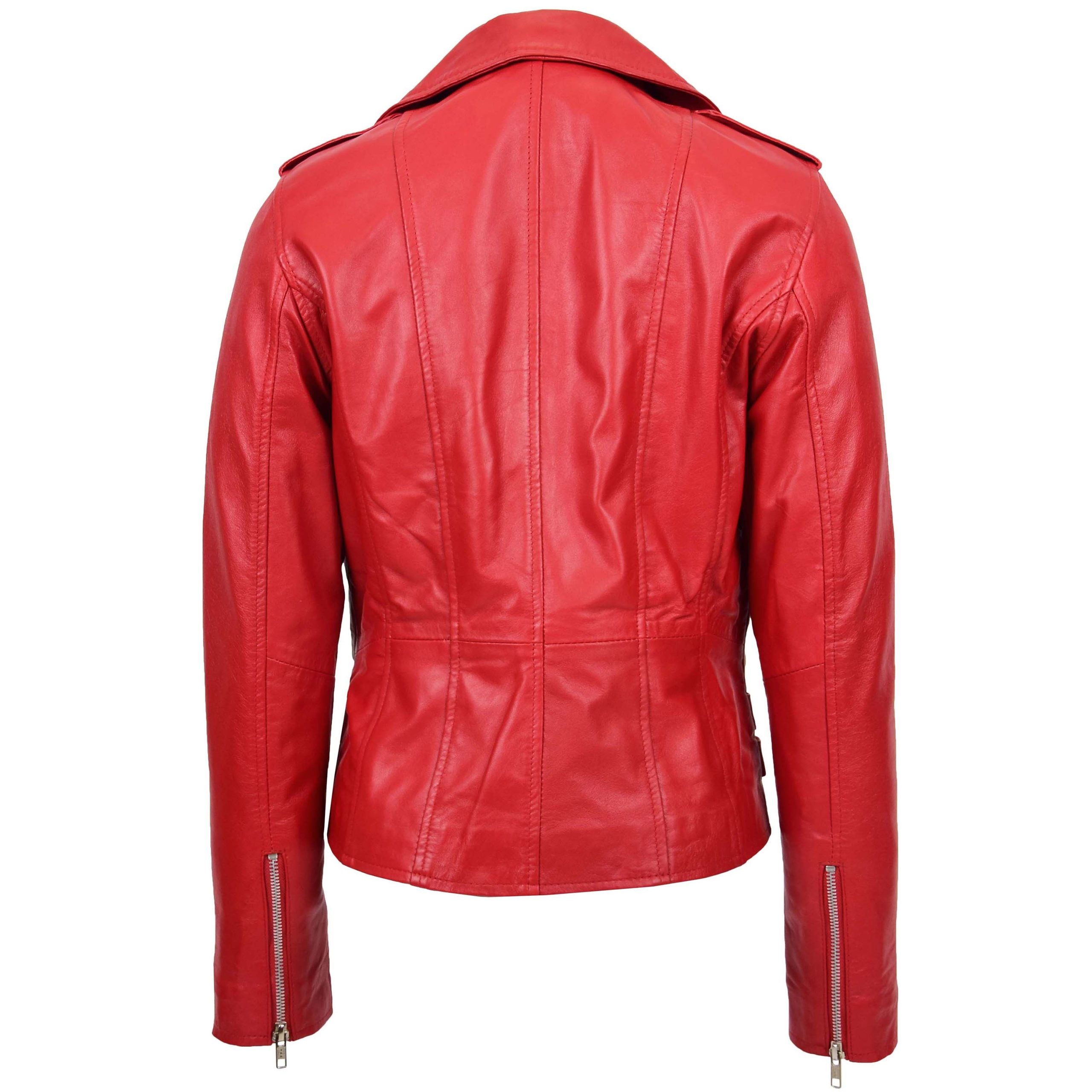 Womens Cross Zip Biker Leather Jacket Cara Ignite Red