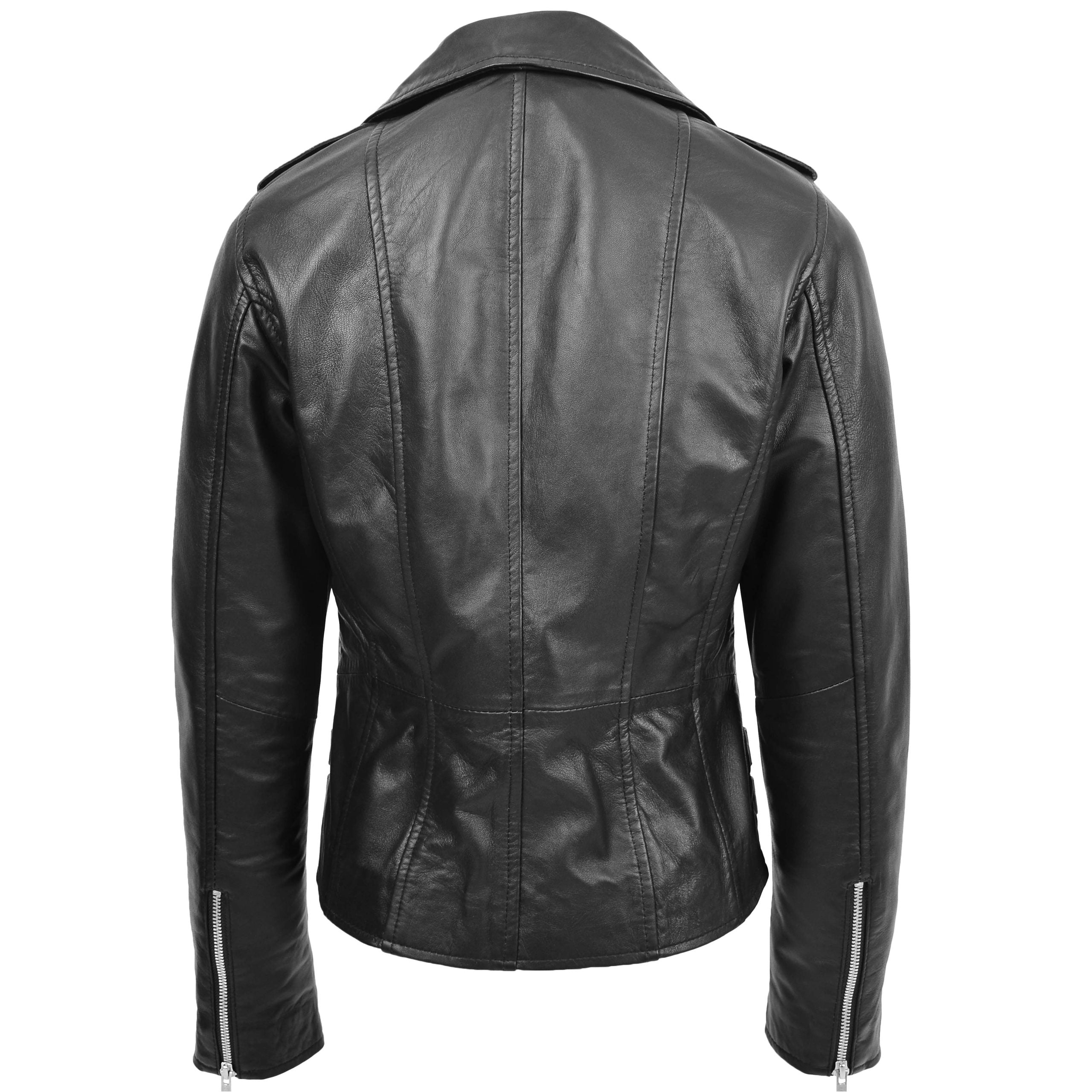 Womens Cross Zip Biker Leather Jacket Claudia Nova Black