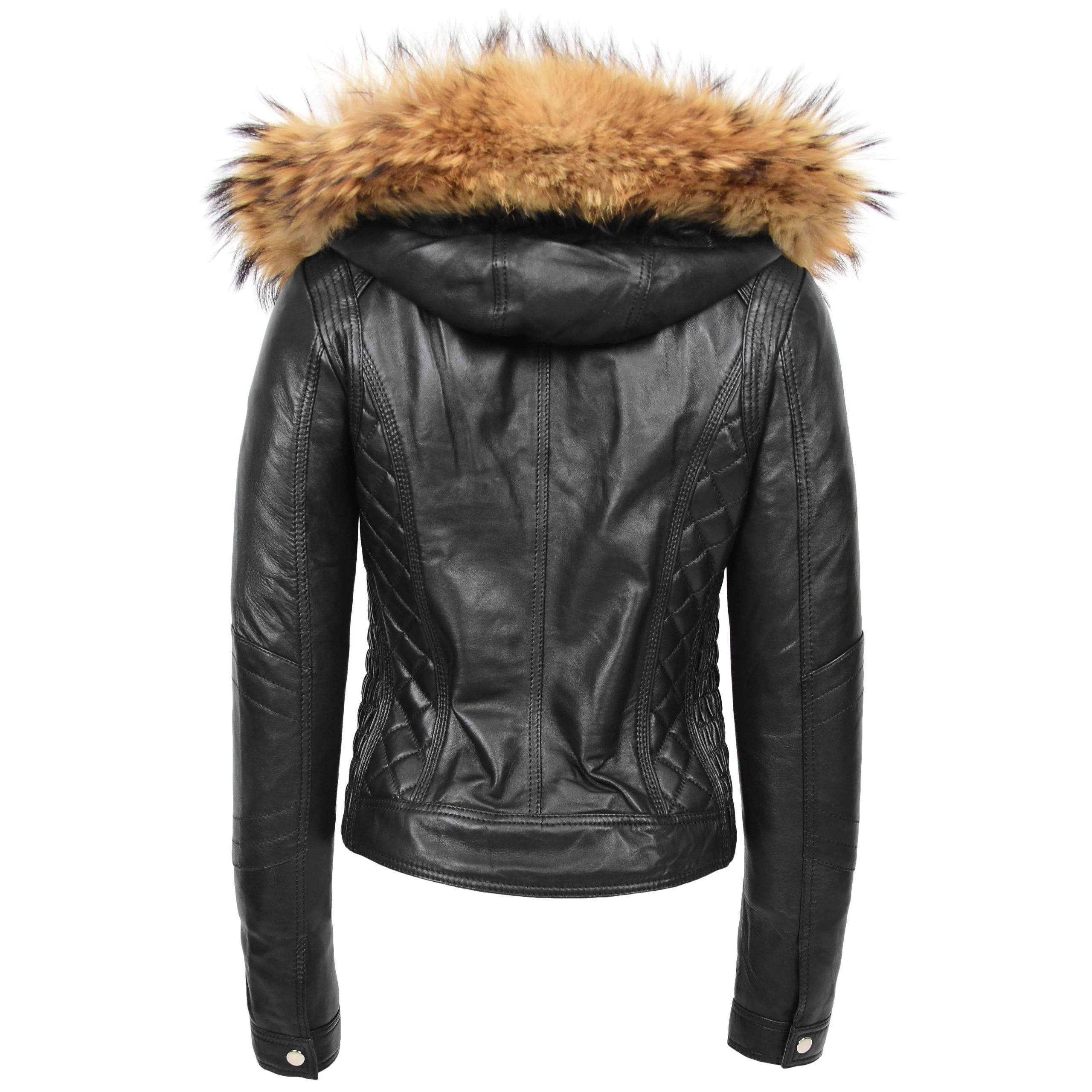Womens Detachable Hoodie Biker Leather Jacket Lily Nova Black